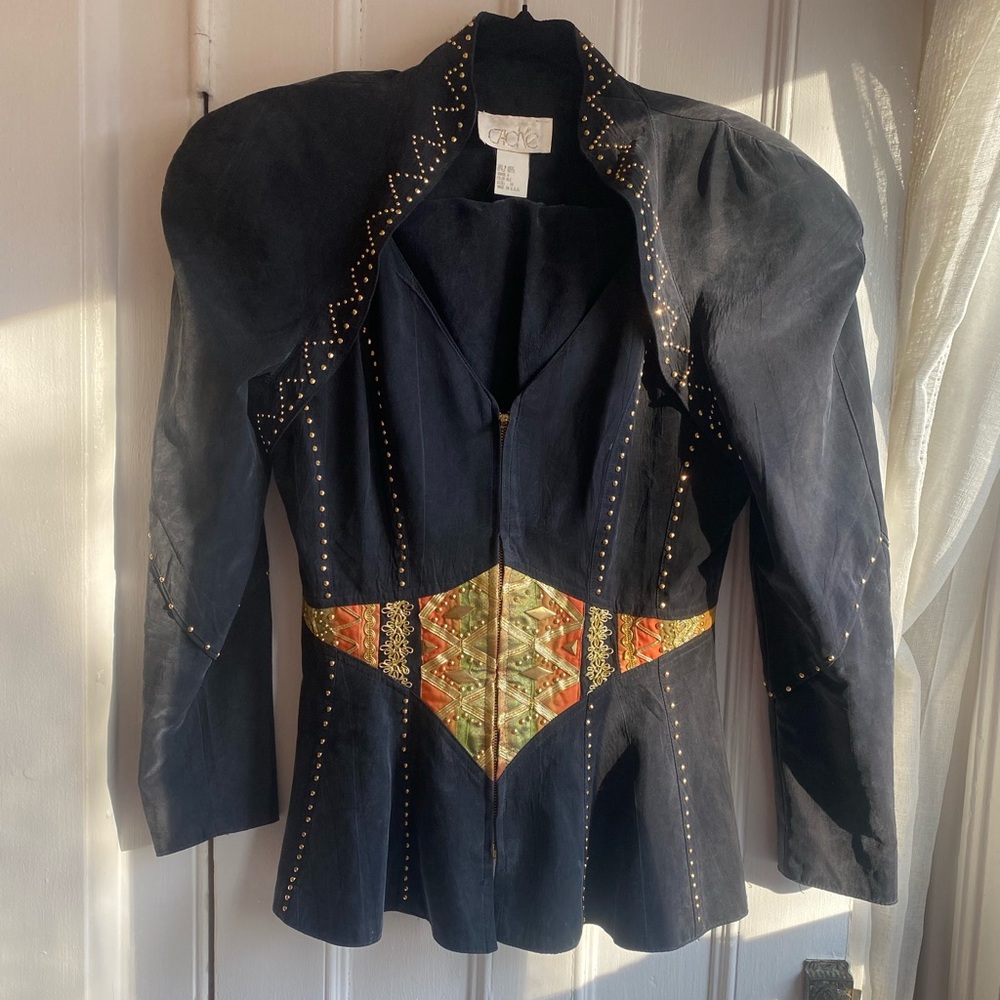 VINTAGE 80s Cache Charcoal Studded Skirt Suit Peplum, Shoulder Pads, 100% Rayon
